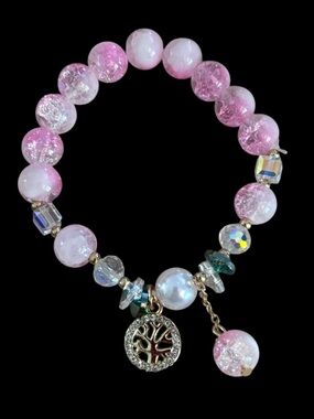 Pink Crackle Bead Stretch Bracelet w/ Tree of Life Charm.
